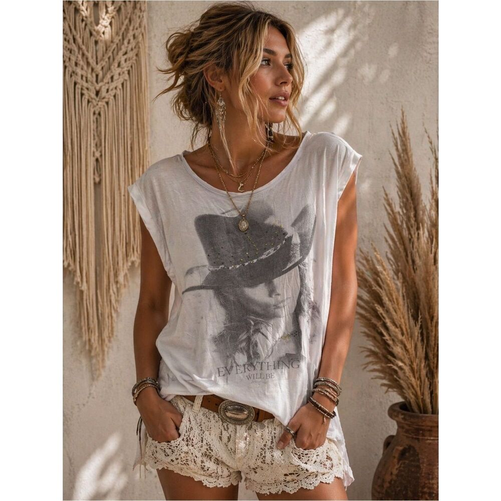 Anthropologie Colin’s Coastal Cowgirl White Graphic Tee with Rolled Cap Sleeves